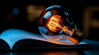 Glowing vintage edison bulb on open book against dark background, warm orange filament light creating atmospheric mood for creativity and innovation concepts.