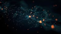 Glowing network connections with orange and blue light particles floating in dark space create futuristic technology visualization for business concept background.