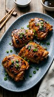 Glazed chicken thighs with sesame seeds and green onions served on ceramic plate with chopsticks for Asian cuisine dining experience.