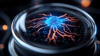 Glowing blue and orange neural network visualization in glass sphere against dark background with bokeh lights creates futuristic technological concept.