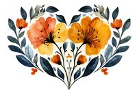 Watercolor heart-shaped floral composition with orange and yellow flowers, navy blue leaves and berries arranged in symmetrical pattern on white background.