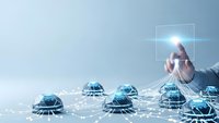Businessman hand touching digital network connection icons representing global connectivity and modern technology solutions for business growth.