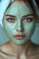 Young woman with green clay face mask and towel wrapped around head enjoying spa skincare treatment for healthy glowing skin and relaxation.