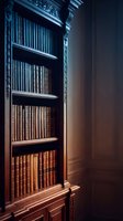 Ornate wooden bookshelf filled with antique leather-bound books in elegant library interior with dramatic lighting and classical architectural details.