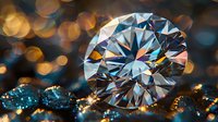 Brilliant cut diamond with facets reflecting light against dark background with golden bokeh lights and sparkles, luxury jewelry macro photography.