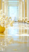 Luxurious hotel lobby with white cherry blossoms in yellow vase, reflective marble floors, tall windows, and modern seating area bathed in natural light.