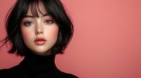 Young Asian woman with short black hair and bangs wearing black turtleneck sweater against pink background, natural makeup with coral lips, fashion portrait.