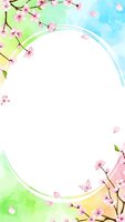 Spring cherry blossom frame with pink flowers and green leaves on watercolor background. Copy space for text and seasonal design projects.