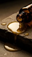 Amber glass bottle pouring golden essential oil onto stone surface with droplets, suitable for wellness, skincare, aromatherapy and cosmetic product marketing.