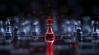 Red glowing chess king piece standing out among blurred white pieces on dark background with magical light particles and reflective surface.