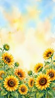 Watercolor sunflower field with bright yellow blooms and green leaves under a soft blue sky, perfect for cards, posters, and seasonal decor.