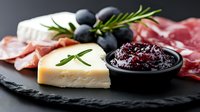 Gourmet appetizer platter with prosciutto, brie cheese, dark grapes, rosemary garnish and berry jam served on black slate board. Elegant party food presentation.