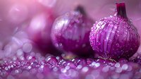 Fresh red onions with water drops in pink and purple tones, macro photography showing detailed texture and bokeh effect creating dreamy atmosphere.