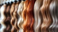Colorful array of wavy hair extensions in various natural shades from blonde to brunette displayed in rows, showing texture and different tones for beauty salon.