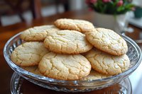 Fresh baked sugar cookies with crackled tops arranged on crystal serving plate, showcasing homestyle baking with natural lighting and soft texture.