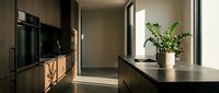 Modern kitchen with dark wood cabinetry, black countertops, and integrated appliances. Natural light streams through large windows, illuminating potted greenery on the counter. Contemporary interior design.