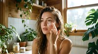 Young woman applying skincare cream in natural bathroom with plants. Morning beauty routine, self-care wellness lifestyle in eco-friendly home interior.