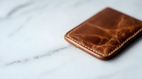 Minimalist brown leather cardholder wallet with distressed vintage texture on white marble background, shallow depth of field macro photography.
