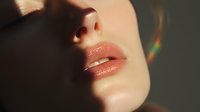 Close up of glossy coral lips with light and shadow play creating dramatic effect, sensual expression captured in soft natural lighting for beauty and cosmetic advertising.