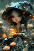 Adorable witch girl doll with glowing potion bottle and magical lights. Fantasy character for Halloween decorations, children's books, and mystical storytelling projects.