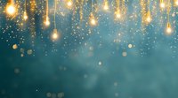 Glowing string lights and golden sparkles on teal blue background create magical festive atmosphere for holiday designs and celebrations.
