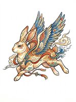 Ornate winged rabbit with decorative patterns in blue, orange, and gold tones, isolated on transparent background. Ready for t-shirts, stickers, clipart, and print-on-demand designs.