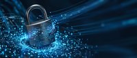 Digital padlock surrounded by glowing blue data streams and particles representing cybersecurity, data protection and network security technology concepts.