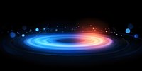 Glowing spiral galaxy with bright blue and orange light effects on black background, cosmic space panorama with stars and nebula elements.