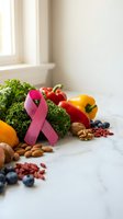 Pink ribbon with fresh vegetables, fruits, nuts and berries on white marble counter promoting breast cancer awareness and healthy nutrition lifestyle.