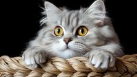 Adorable gray Persian cat with bright yellow eyes peeks over woven basket edge against black background, paws resting on rim, creating engaging pet portrait.