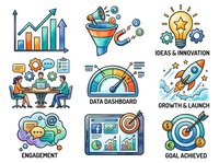 Colorful business icons set featuring growth charts, funnel analytics, dashboard, rocket launch, goal achievement, engagement metrics, and innovation symbols for corporate presentations and marketing materials.