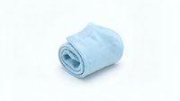 Soft light blue baby scratch mittens rolled up, isolated on white background. Newborn hand protection accessory for infant care and safety.