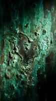 Weathered copper surface with green patina oxidation showing natural aging process and corrosion patterns on metal texture for industrial design projects.
