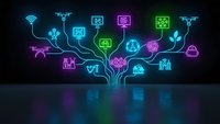 Digital technology tree with glowing neon icons representing connectivity, innovation and modern business solutions on dark background.