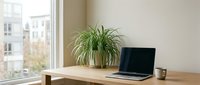 Modern home office workspace with laptop computer and spider plant on wooden desk near window overlooking urban buildings for remote work productivity.