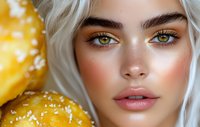 Close up portrait of young woman with platinum blonde hair and green eyes against yellow citrus background, showcasing natural glowing makeup and flawless skin.