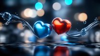 Red and blue heart shapes floating with water splashes and bokeh lights reflecting on dark surface, romantic Valentine concept for greeting cards and love declarations.