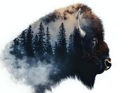 Majestic bison silhouette with double exposure effect showing misty pine forest landscape within its profile, creating atmospheric wilderness scene on white background.