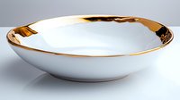 Elegant white ceramic bowl with luxurious gold rim detail on gray background, modern minimalist tableware for upscale dining and home decor styling.