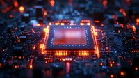 Glowing microprocessor on circuit board with orange light effects and depth of field blur creates futuristic technology mood for computing and AI concepts.