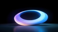 Glowing neon ring with gradient color transition from blue to purple, floating in dark space with soft reflection on surface. Modern abstract design element.