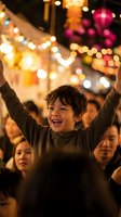 Happy Asian boy celebrating at night festival with colorful bokeh lights and crowd background. Joyful child with raised arms expressing excitement and fun.