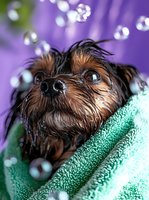 Wet Yorkshire terrier puppy wrapped in green towel after bath with water drops and purple background, close-up portrait showing adorable expression.