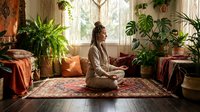 Young woman with long braided hair, medium skin tone, practicing meditation in lotus position on ornamental rug surrounded by potted plants and natural sunlight in bohemian home interior.