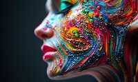 Vibrant multicolored face paint design with swirling patterns and glitter details on female profile against dark background, showcasing creative makeup artistry and beauty.