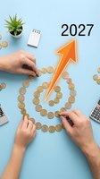 Business growth concept with hands arranging coins in upward arrow pattern pointing to 2027, calculator and plant on blue background for financial planning.