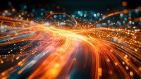 Dynamic glowing orange and blue light trails with bokeh effects create futuristic motion path against dark background, suggesting high-speed data transfer and connectivity.
