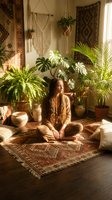 Woman with long braided hair sitting cross-legged in bohemian plant-filled room with macramé wall hangings, woven textiles, and potted greenery. Warm natural sunlight creates peaceful meditation space.