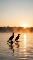 Two cormorants wade through misty water at sunrise, their silhouettes reflected in golden light. Ideal for nature, wildlife, and dawn themes.
