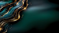 Luxurious emerald green and gold abstract fluid art background with glitter particles and flowing waves creates elegant design element for luxury branding.
